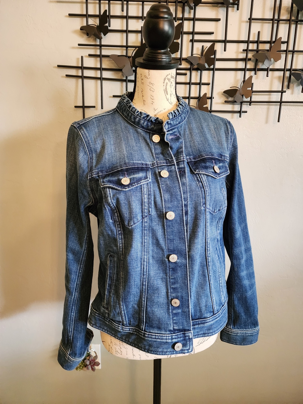 Talbots Blue Denim Jacket with Ruffle Collar